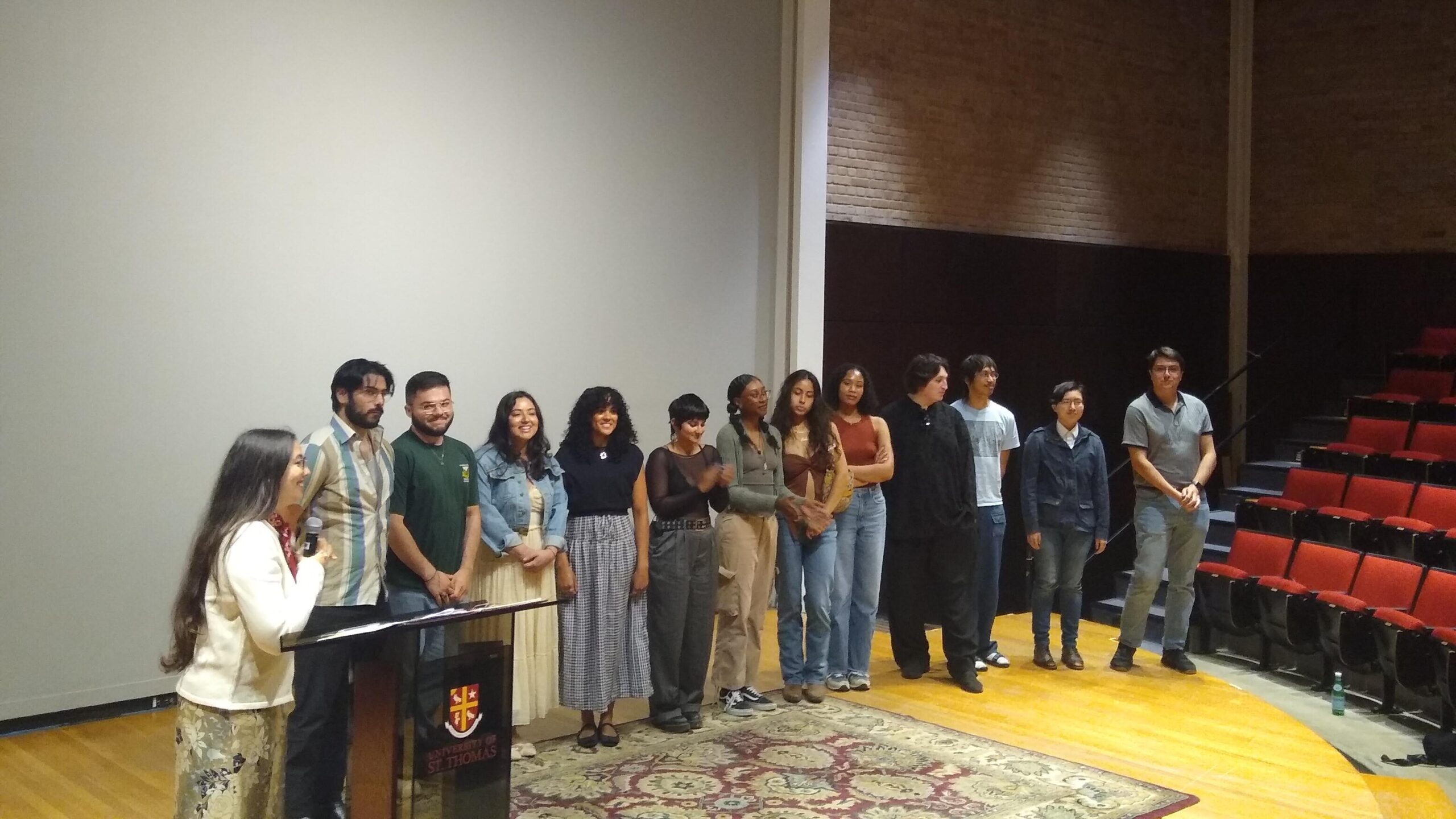 The picture includes the program coordinator and all participants involved. From left to right: Raneem Bakir Alia (Location / Houston Program Coordinator), Timoteo Cortez, Isaac Salazar, Nour Baba, Chandler Pacheco, Aarohi Sheth, Girls Night Out Productions (Ceion Scott, Miranda Amézaga, and Carmen Reeves), Jacob Spooner, Jack Morillo, Ivy Li, and Aaron Thomas
